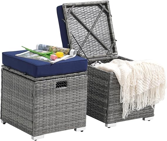 2-Piece Outdoor Patio Storage Ottoman Set - Beige Rattan Wicker