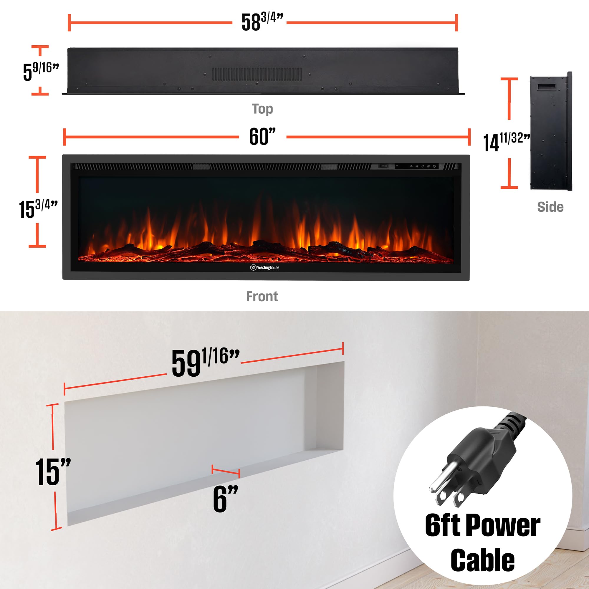 60 Inch Electric Fireplace Heater with Smart Home Control