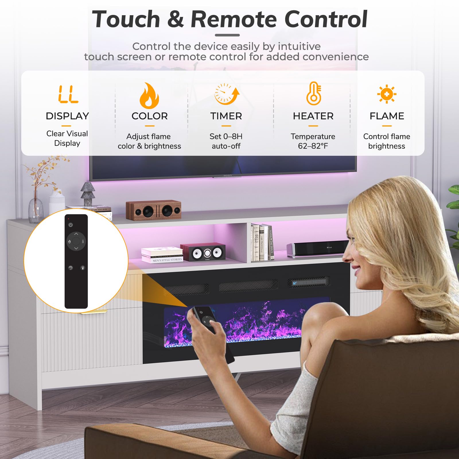 70" Electric Fireplace TV Stand with LED Lights