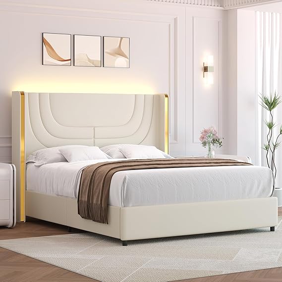 Full Size LED Bed Frame with Upholstered Wingback Headboard