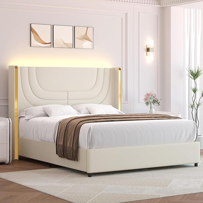 Queen Bed Frame with LED Lights and Faux Leather Upholstered Headboard