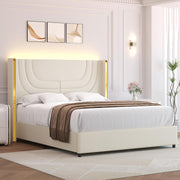 Queen Bed Frame with LED Lights and Faux Leather Upholstered Headboard