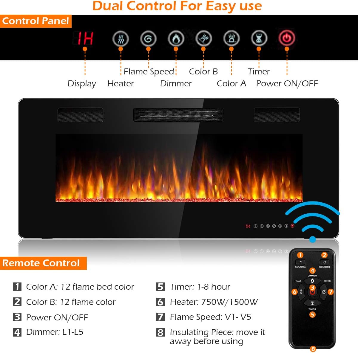 42 Inch Recessed Electric Fireplace Wall Mounted Heater