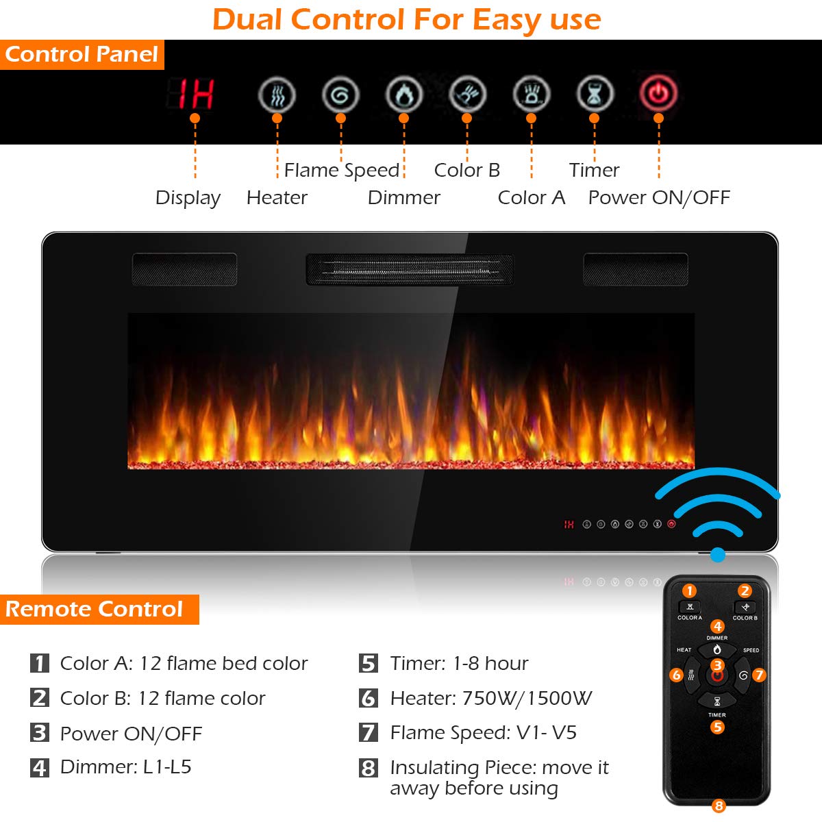 42 Inch Recessed Electric Fireplace Wall Mounted Heater