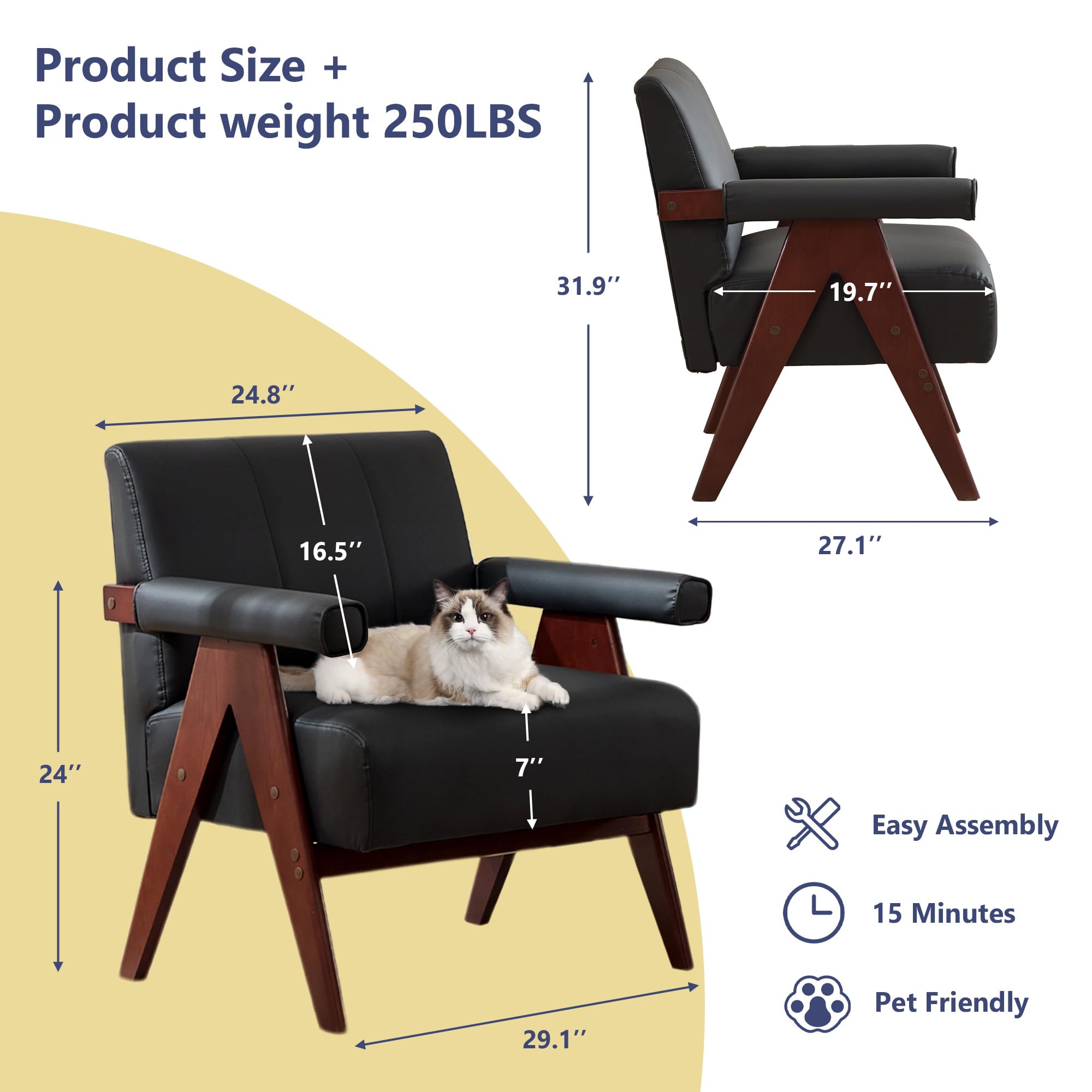 Mid-Century Modern Black Leather Accent Chair