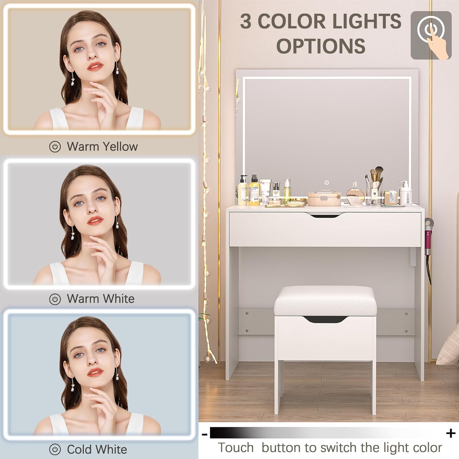 Vanity Desk Set with LED Lighted Mirror and Power Outlet
