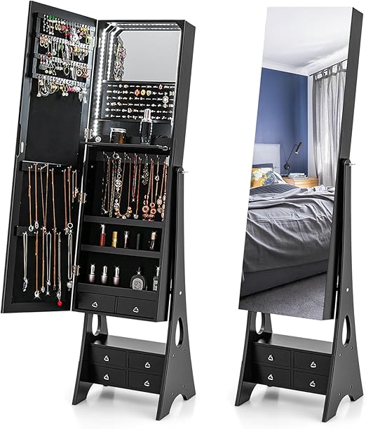 Jewelry Cabinet with LED Light Strip and Full Length Mirror