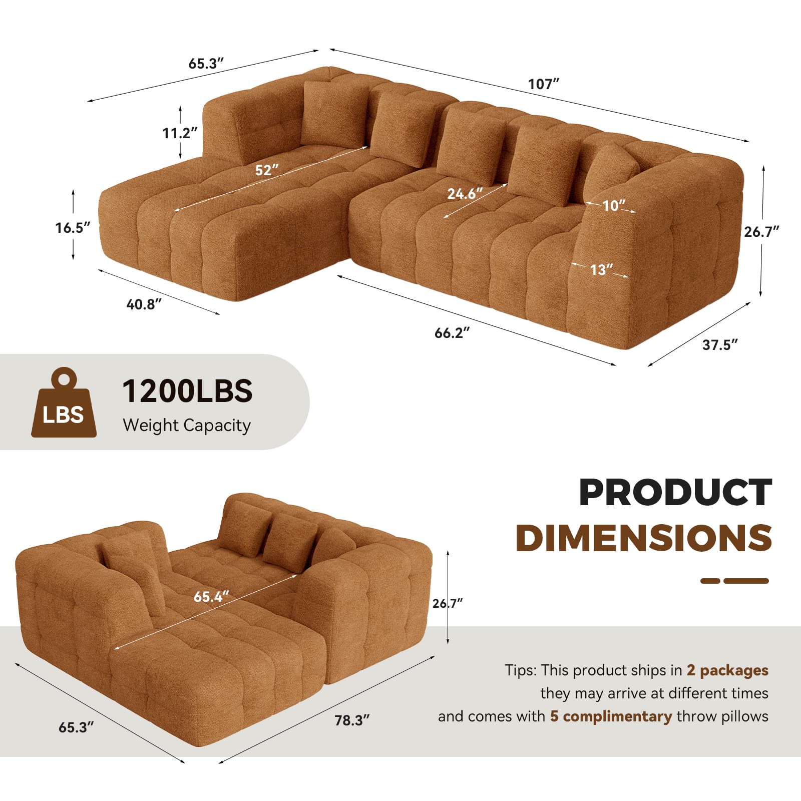 Daluvenix 107" Boneless Couch with L - Shaped Chaise, Modern Chenille Modular Sectional Sofa with Tufted Design, Comfy Upholstered Sofa, No - Assembly Sectional Couch, Orange-Brown