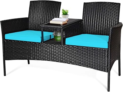 Outdoor Rattan Loveseat Conversation Set with Cushions & Coffee Table