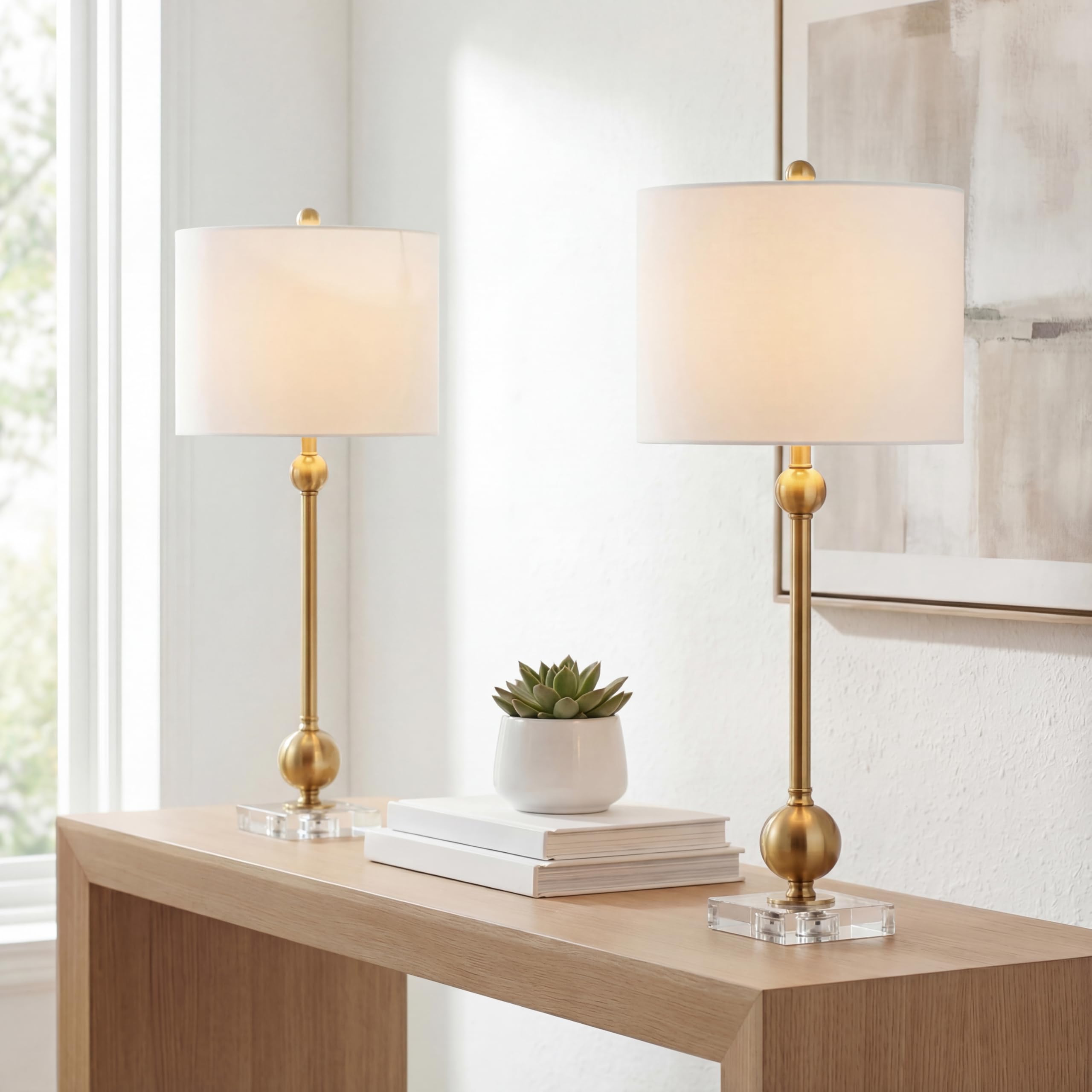 Mid-Century Modern Brass Crystal Table Lamp Set