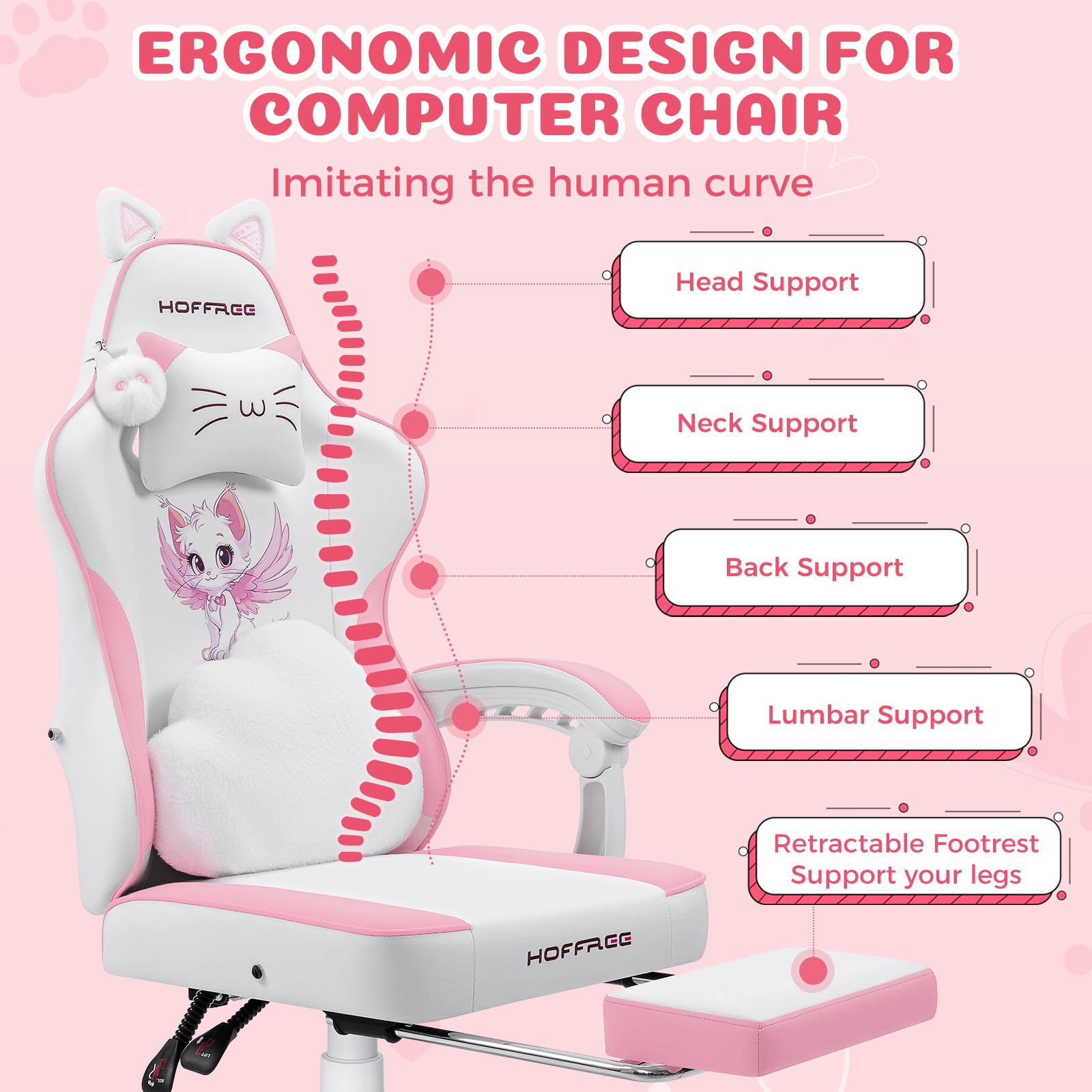 Pink Gaming Chair with Cat Ears and Massage Lumbar