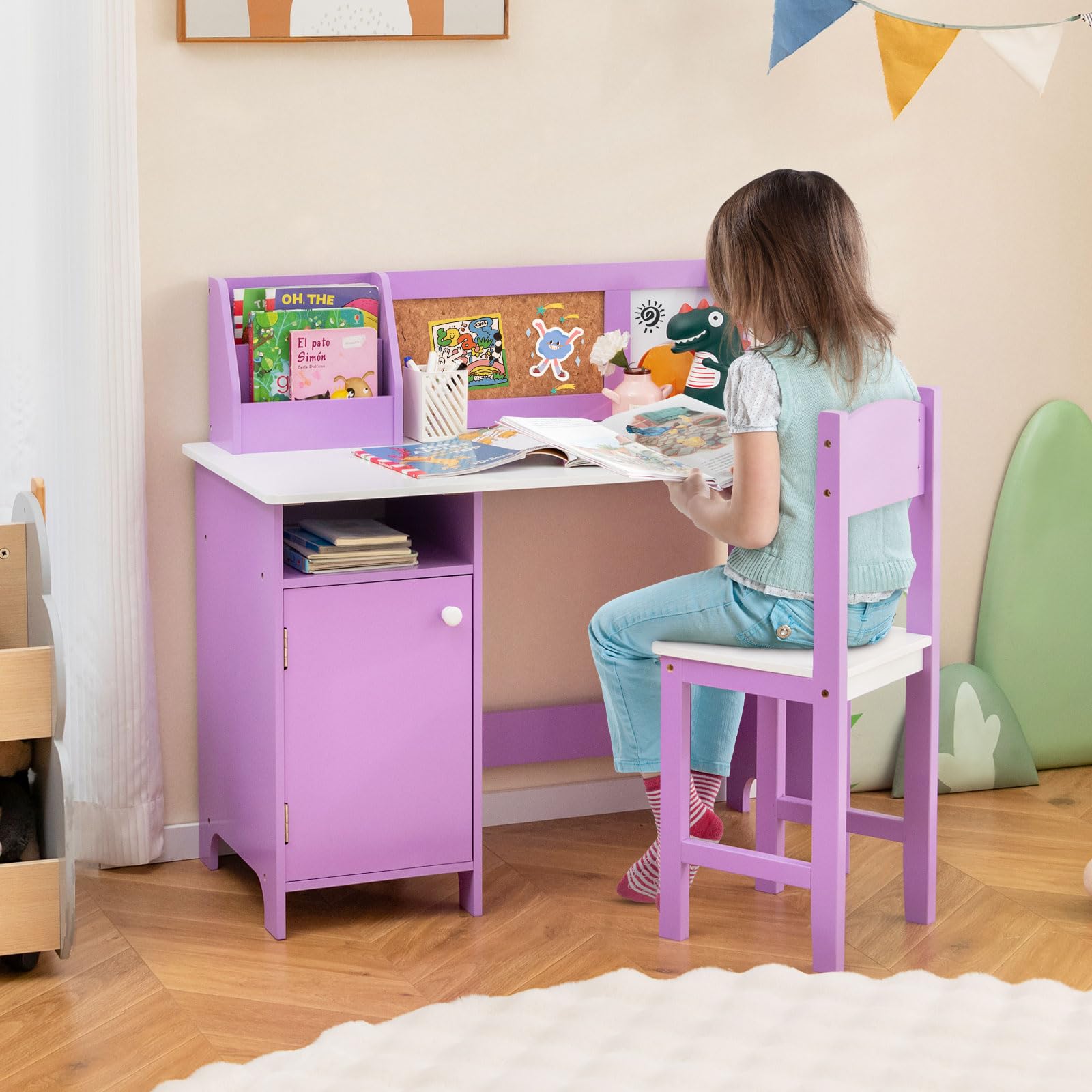 Kids Desk and Chair Set with Hutch, Cork Board and Whiteboard