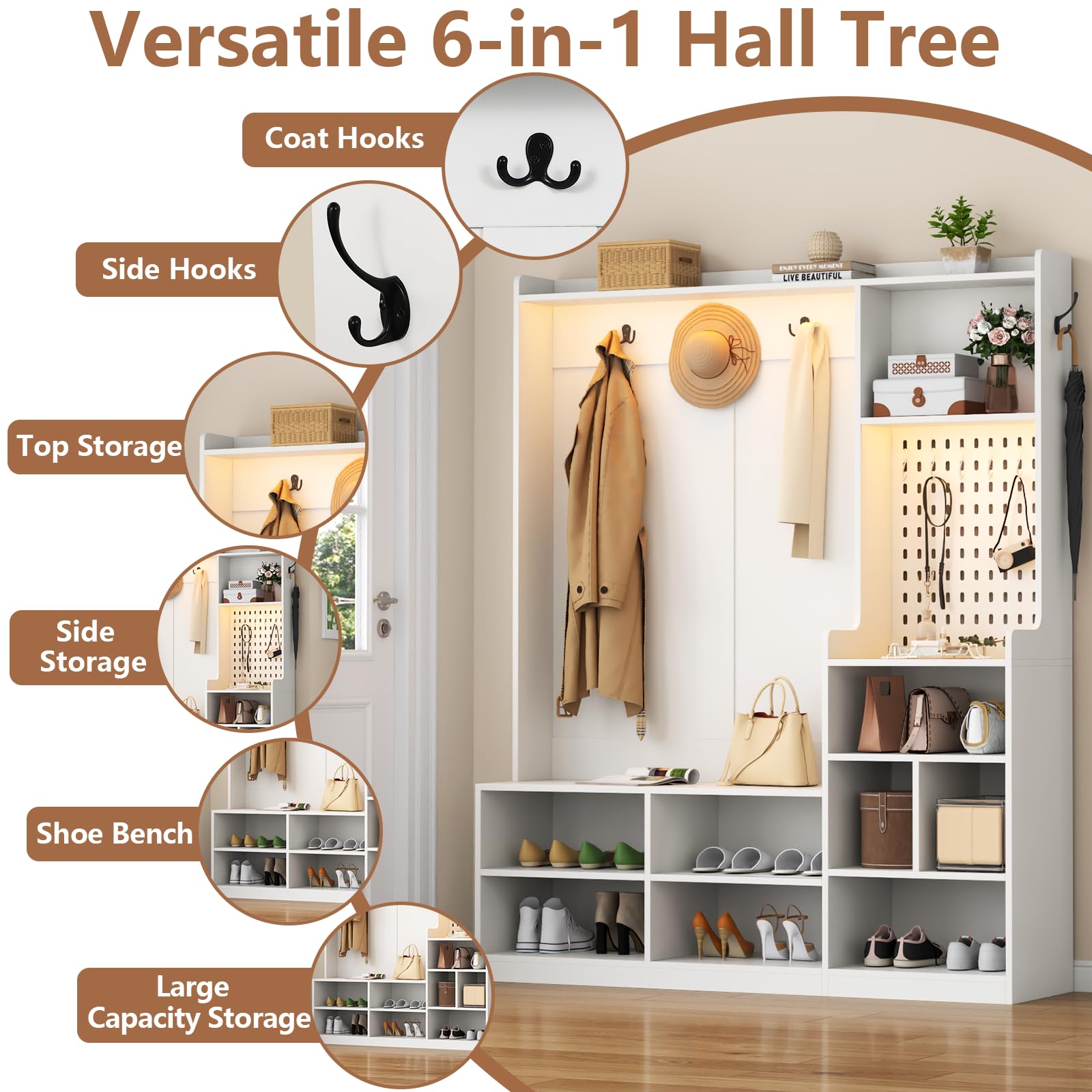 Hall Tree with Shoe Storage and LED Lights