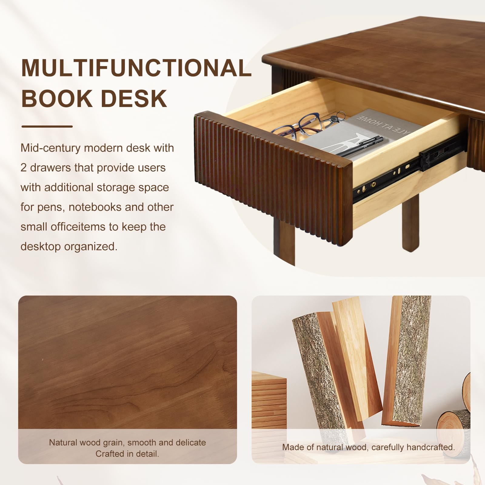 Solid Wood Writing Desk with 2 Drawers