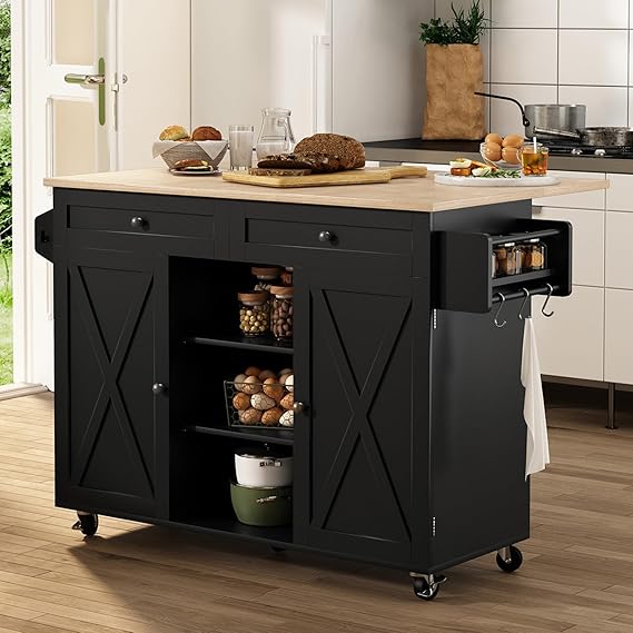 Rolling Kitchen Island Cart with Drop Leaf and Storage