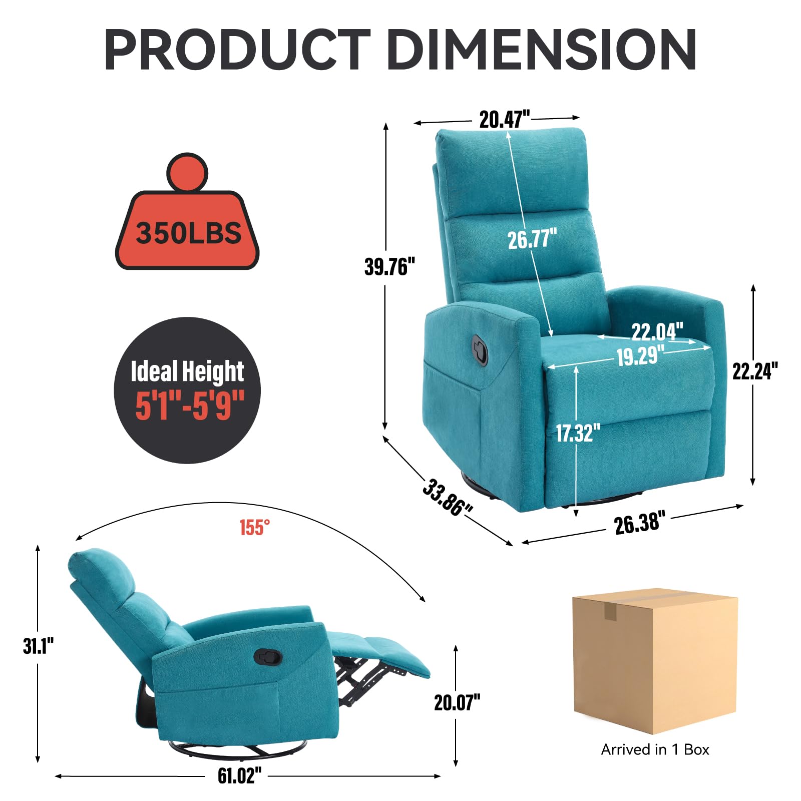 PELUMY Manual Recliner Chair, 360° Swivel Glider and Rocker Recliner with 155° Recline, Compact Fabric Recliner for Small Space, Nursery, Living Room, Bedroom, No Tools Assembly (Blue)