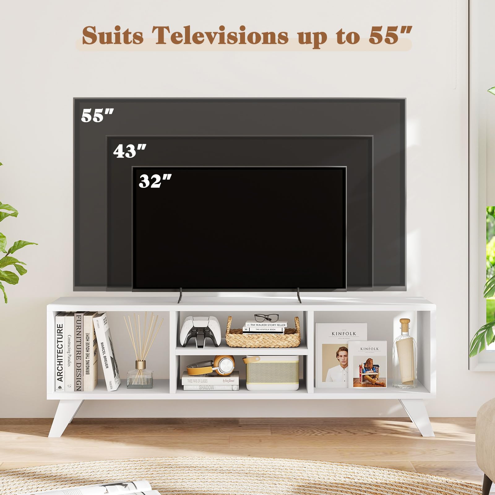 White TV Stand for 55 Inch TVs with 4 Open Compartments