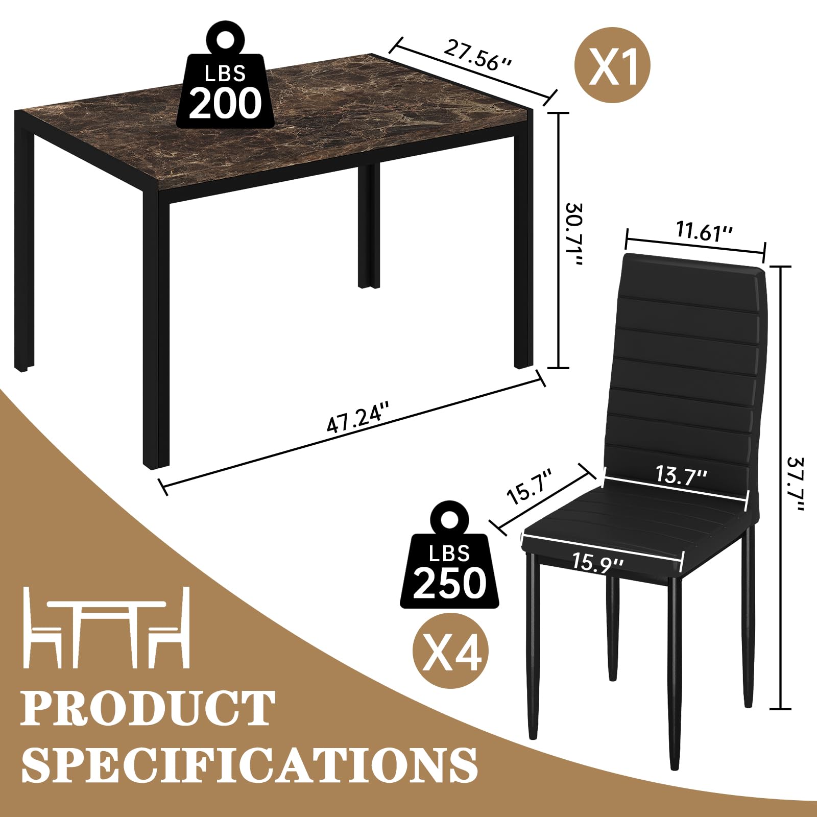 5-Piece Faux Marble Dining Table Set for 4
