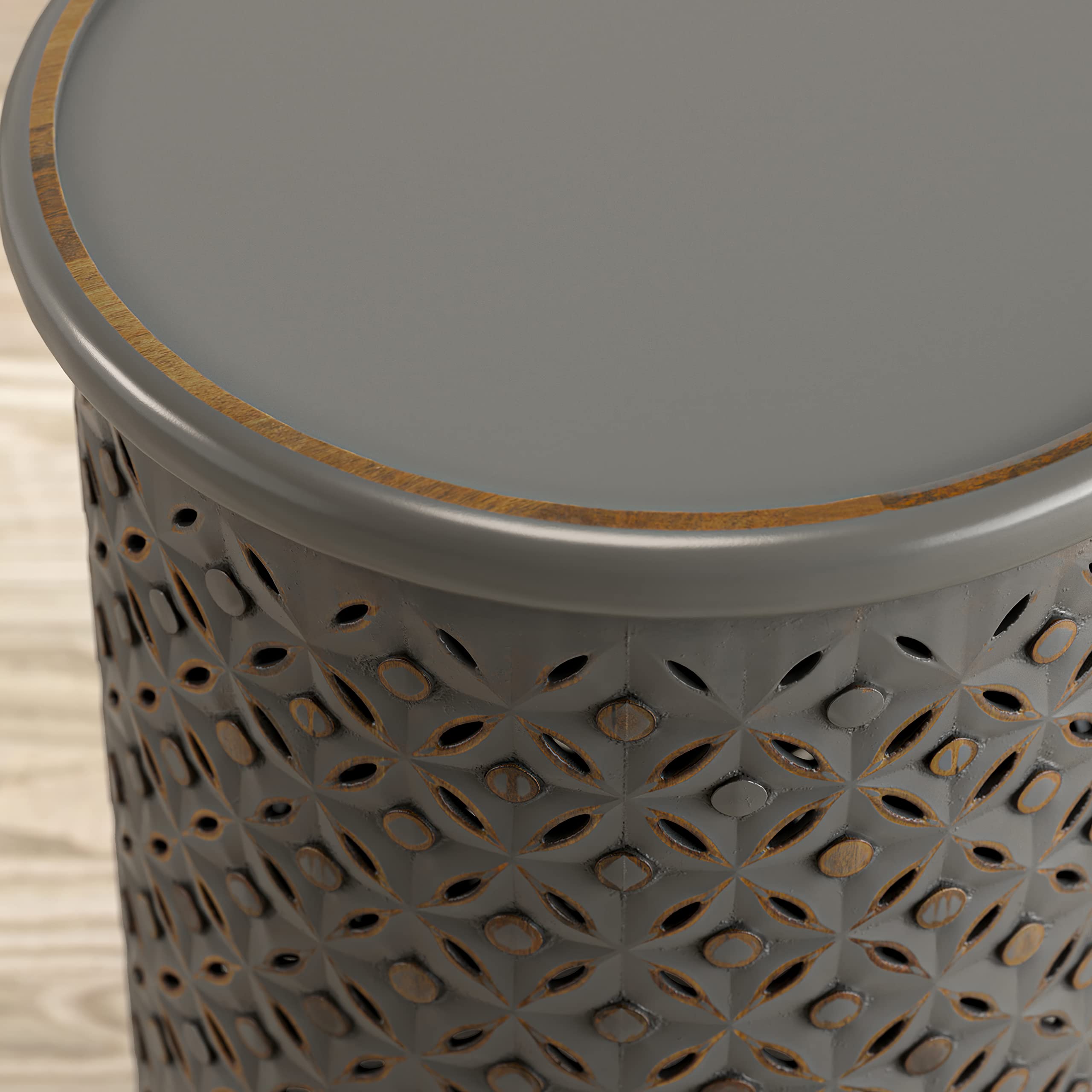 Jofran Global Archive Mango Wood Handcrafted Solid Hardwood Drum Table, 17" W X 17" D X 23" H, Grey Finish, (Set of 1), Antique Gray