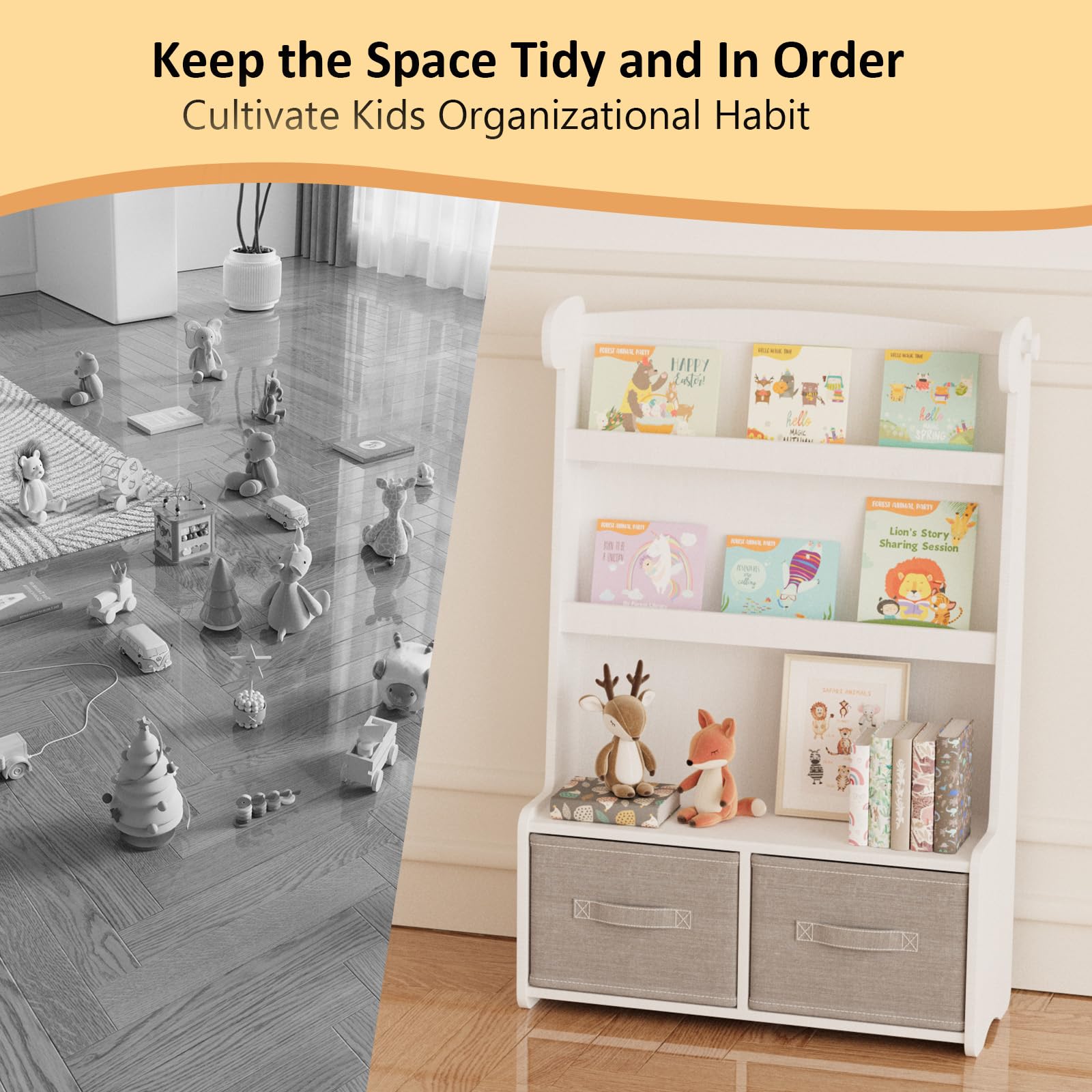 WISUCART Kids Bookshelf and Toy Storage Organizer, 3 Tier Bamboo Todders Book Shelf Large Book Rack for Child Room Playroom Nursery for Kids, Children, Toddlers (White)