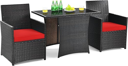 3-Piece Patio Dining Set with Cushions and Glass Top