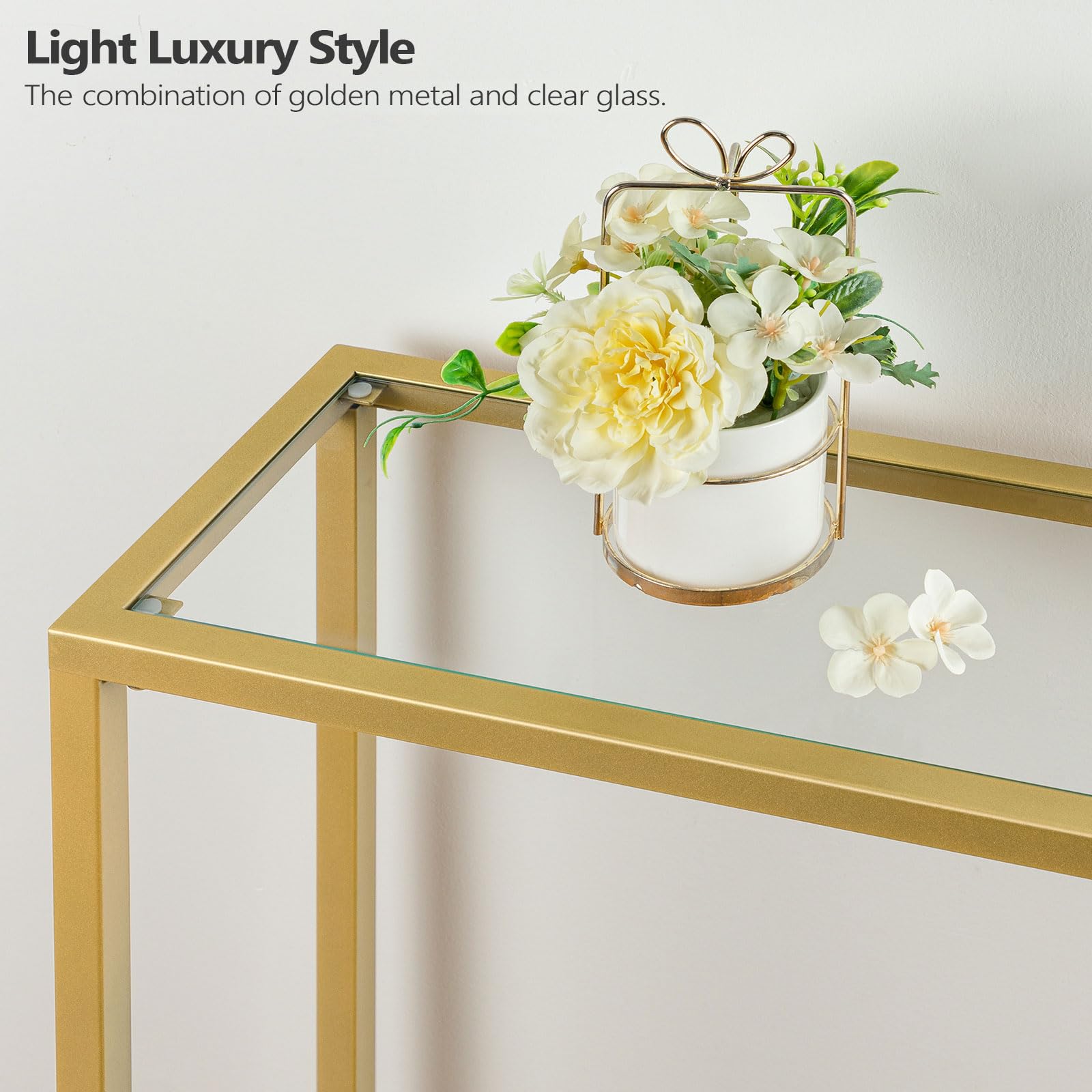 39.4" Narrow Console Table with Tempered Glass and Metal Frame
