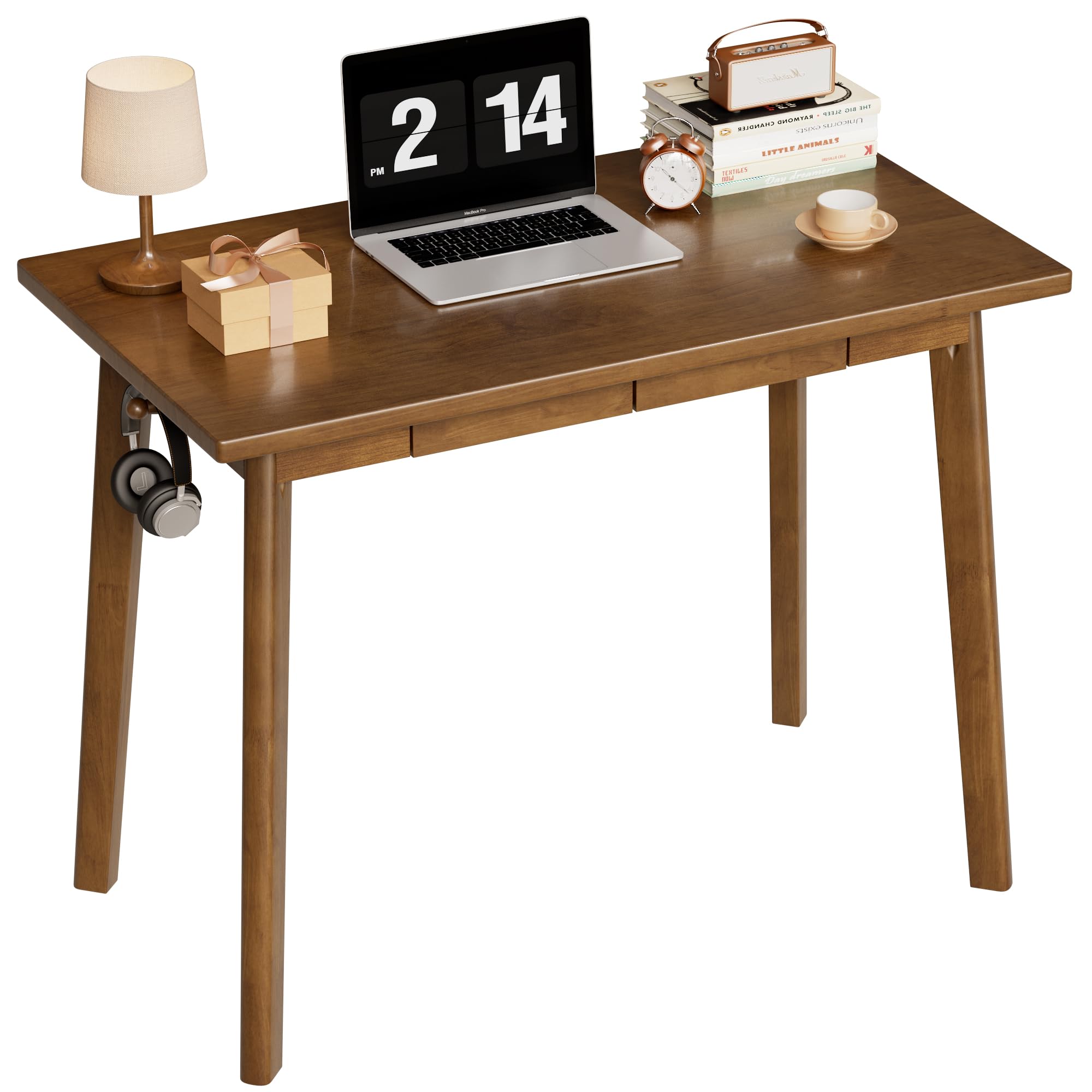 Solid Wood Desk with Drawers 40 Inch Mid Century Modern
