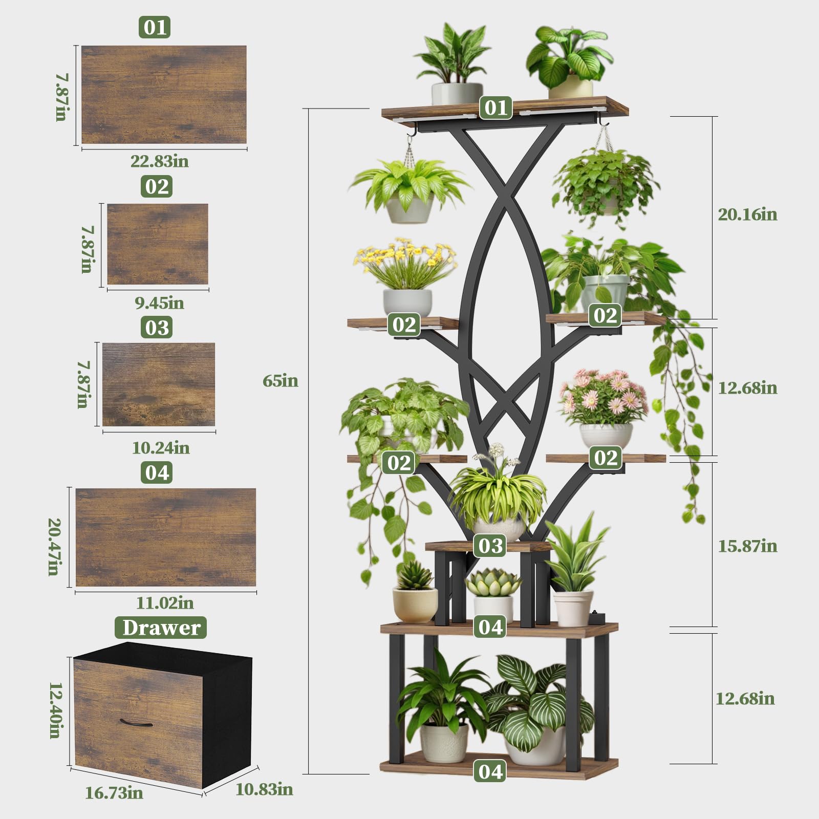 8-Tiered Plant Stand with Grow Lights and Storage Drawer