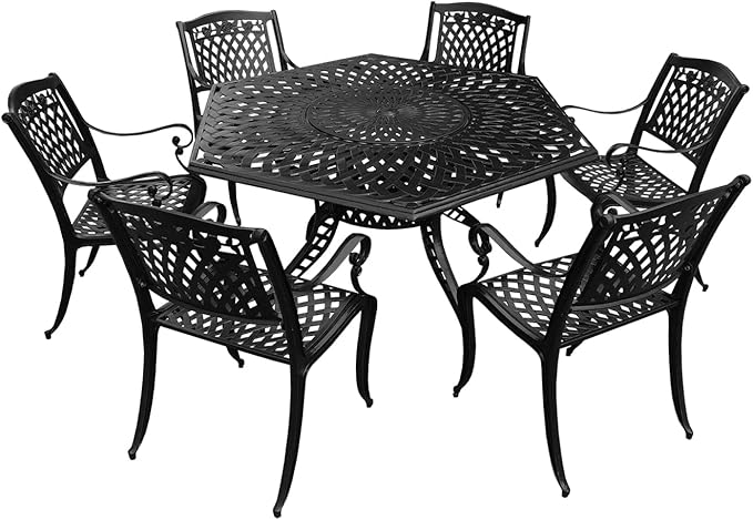 63-Inch Hexagon Outdoor Dining Set with Lazy Susan and 6 Chairs