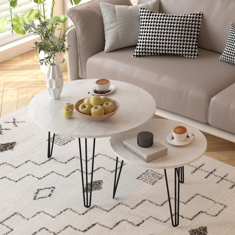 Round Nesting Coffee Table Set of 2 with Marble Tabletop