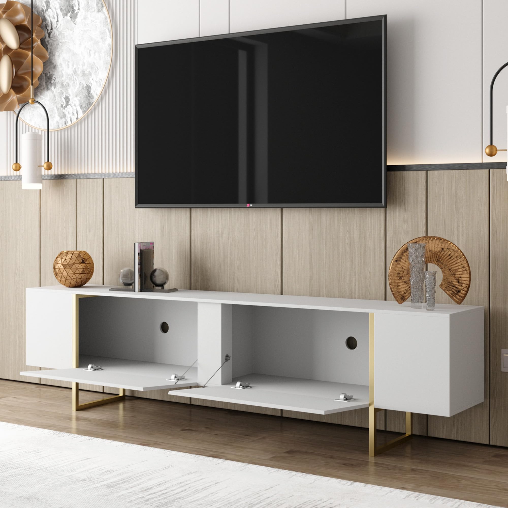 TV Stand with Gold Legs and Storage Doors