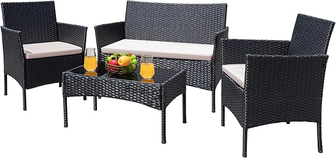 4-Piece Outdoor Wicker Conversation Set with Cushions and Glass Table