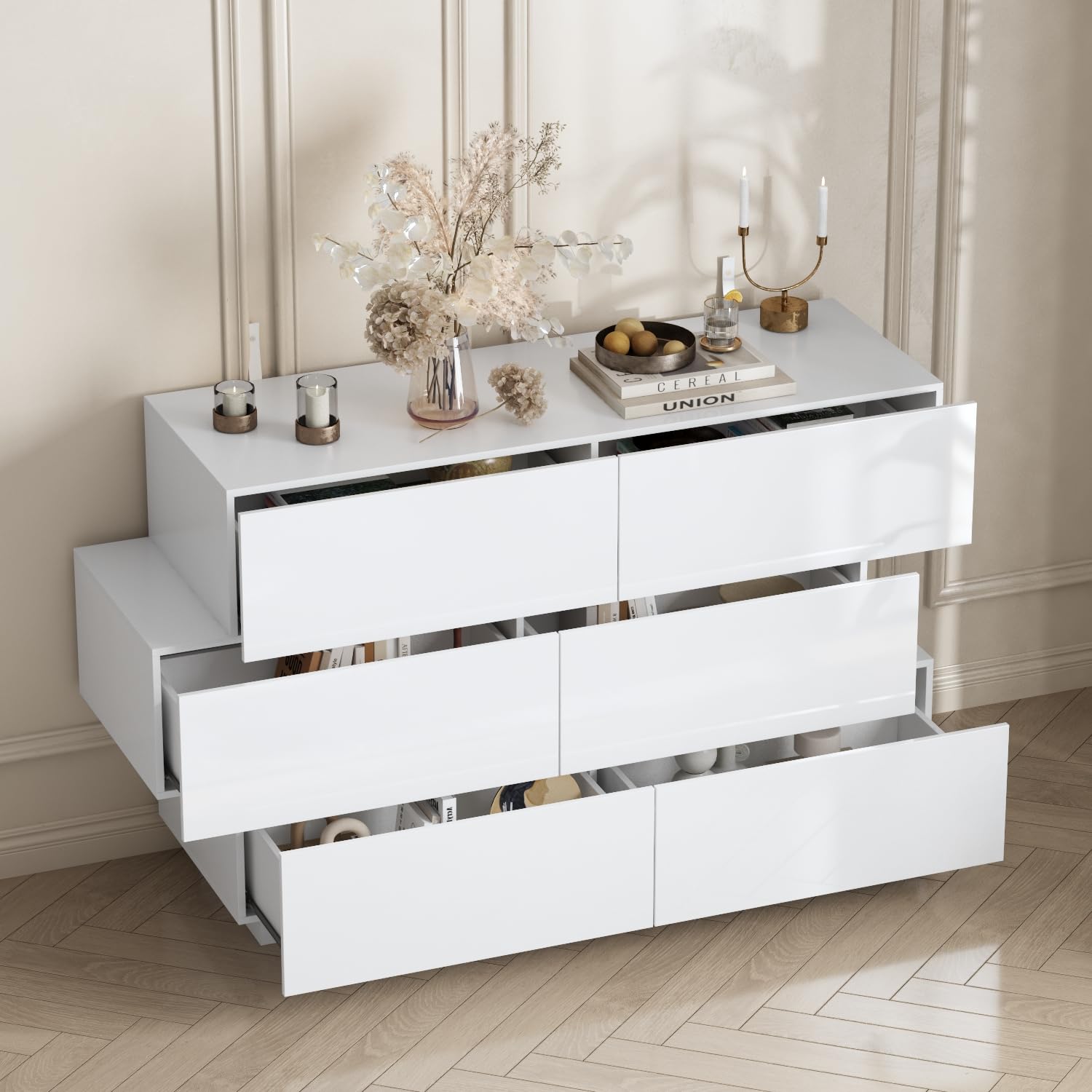 Modern High Gloss 6-Drawer Dresser with Asymmetrical Design