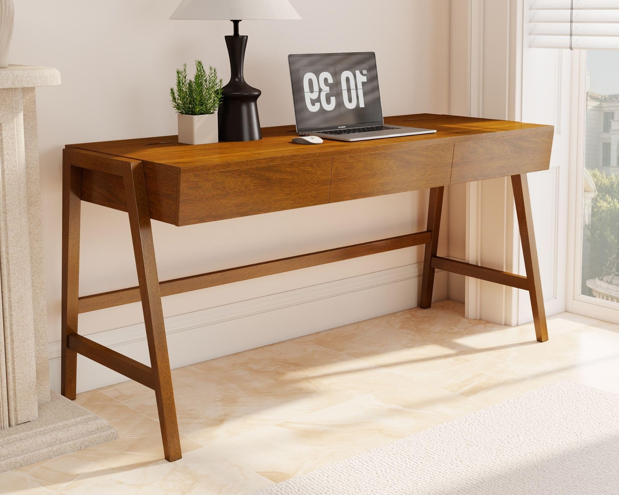 59-Inch Walnut Writing Desk with 3 Drawers