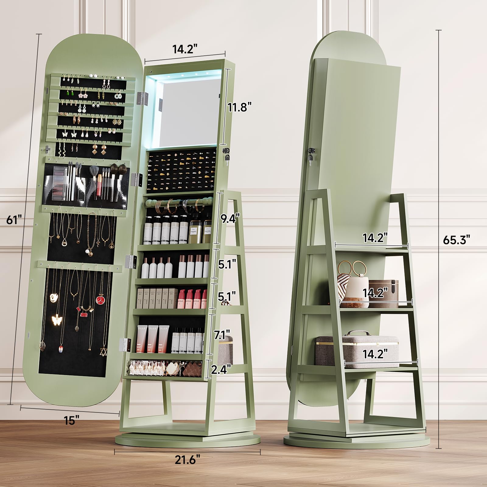 360° Swivel Jewelry Mirror Cabinet with LED Lights