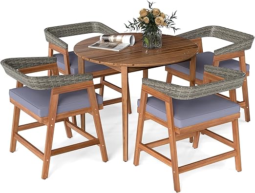 5 Piece Patio Dining Set with Round Table and Cushioned Chairs