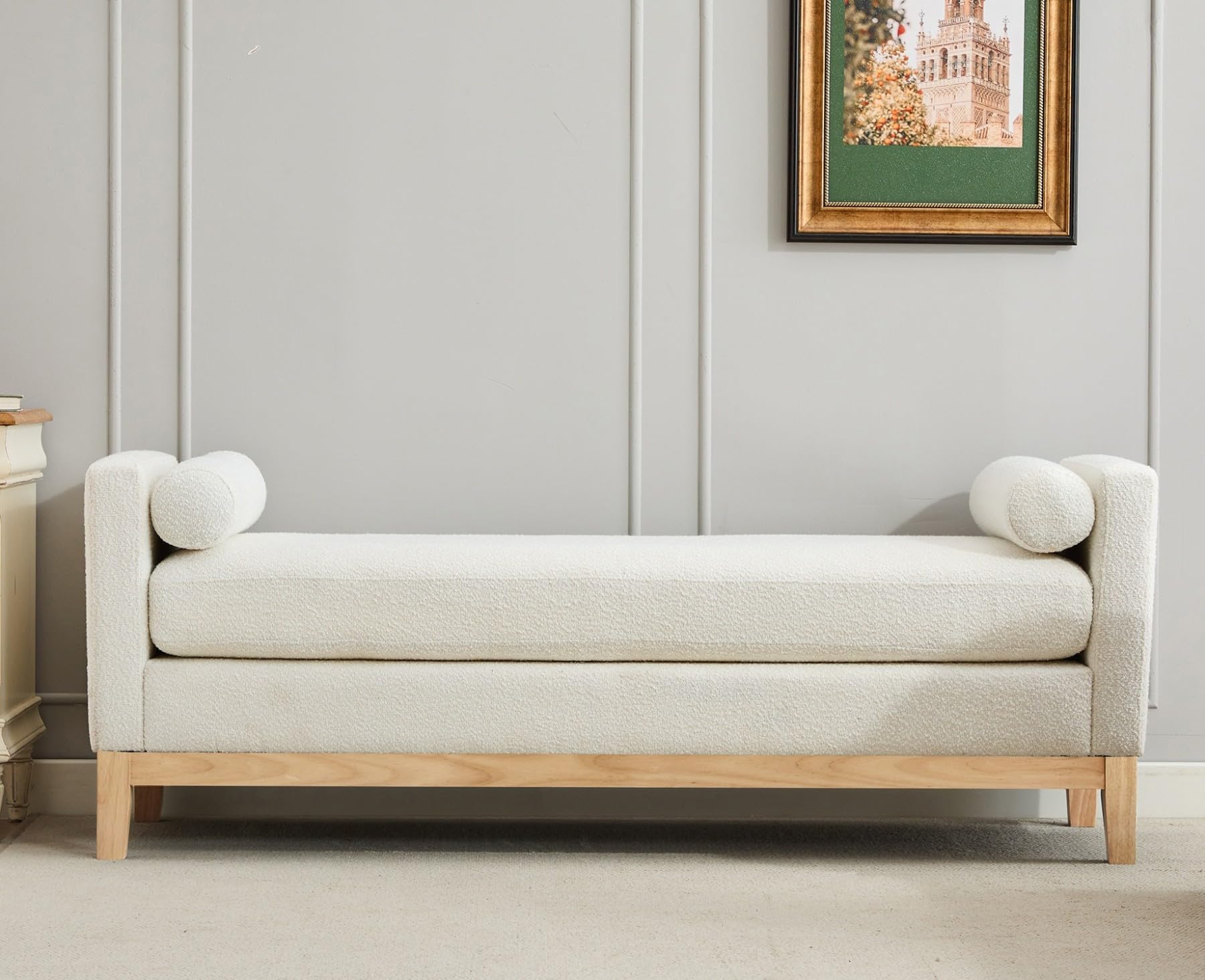 Oversize Boucle Bench Ottoman with 2 Bolster Pillows