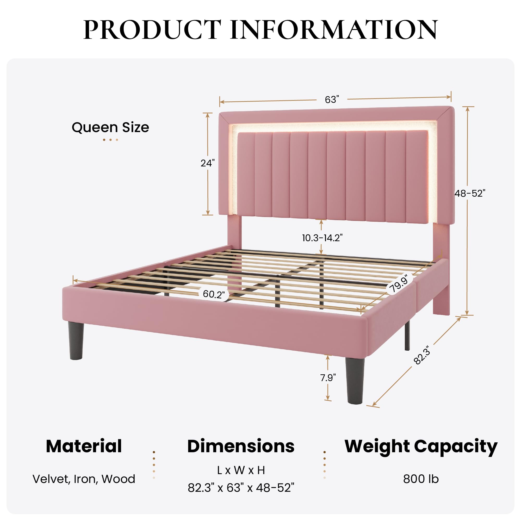 Full Size Pink Velvet LED Bed Frame with Adjustable Headboard