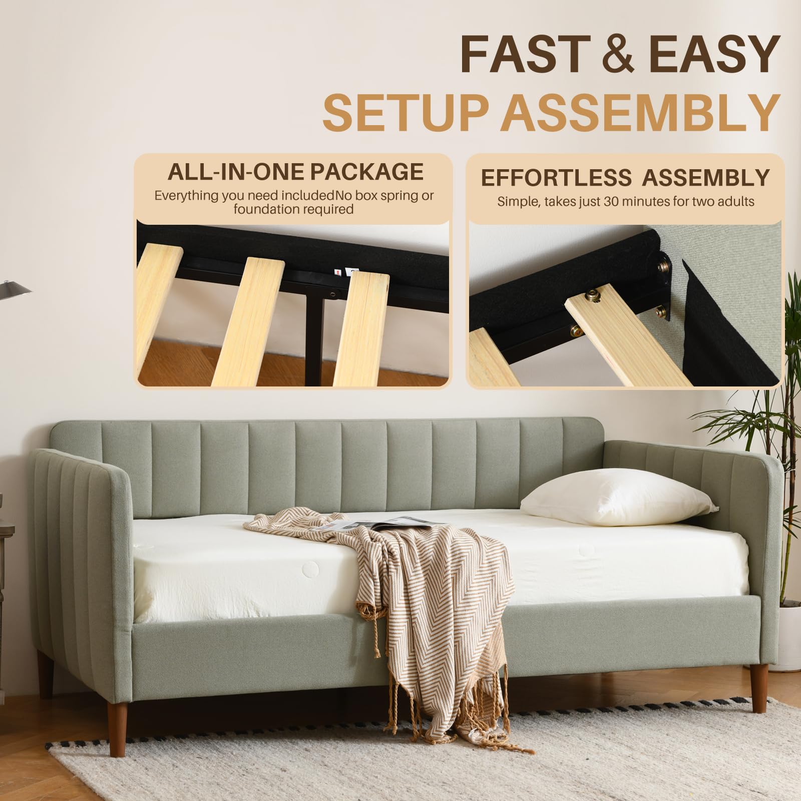 Twin Size Upholstered Daybed with Wood Slat Support - Light Green