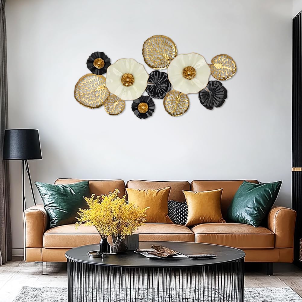 Modern Floral Metal Wall Art - Black Gold White Decorative Flower Sculpture