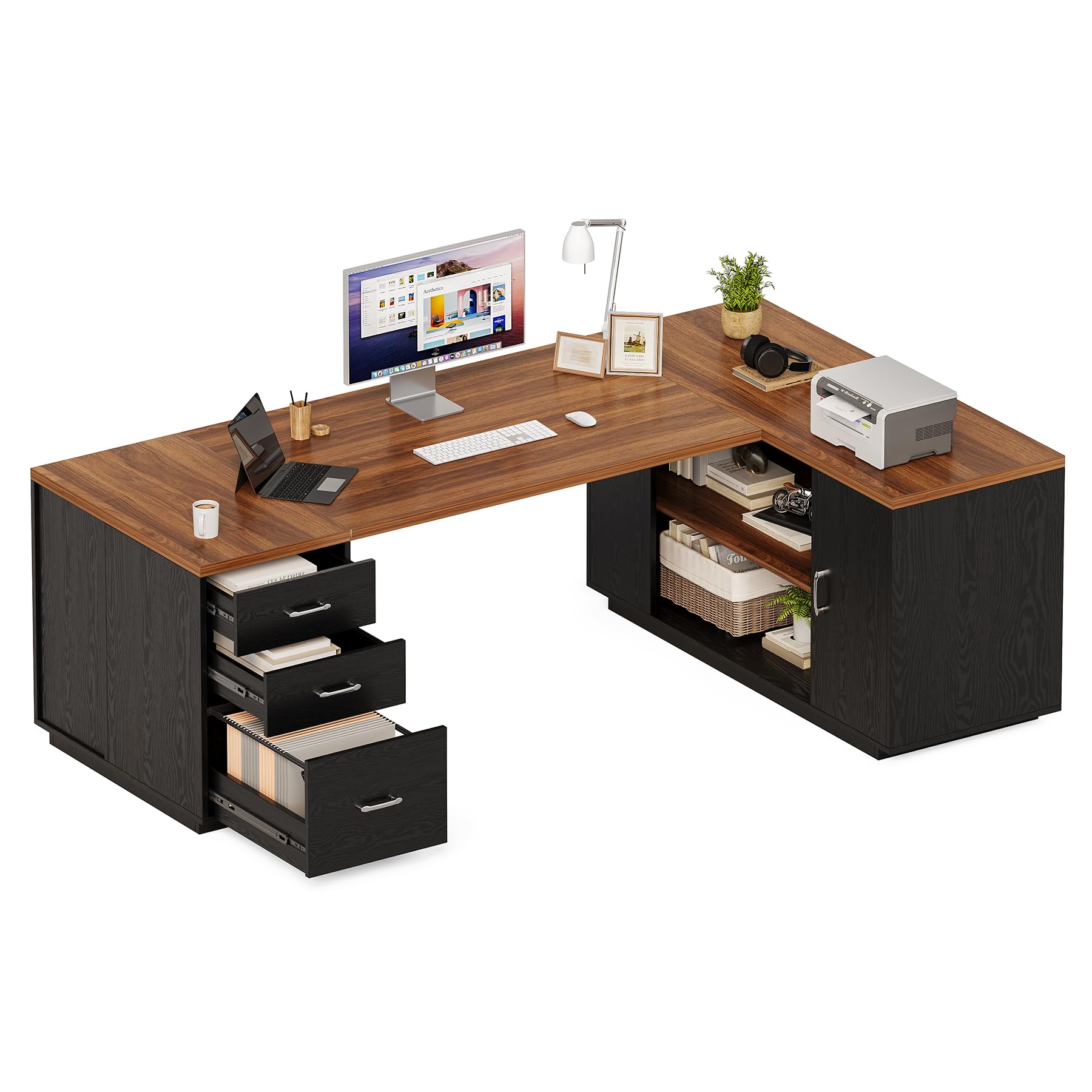 87-Inch Modern Executive Desk with File Cabinet