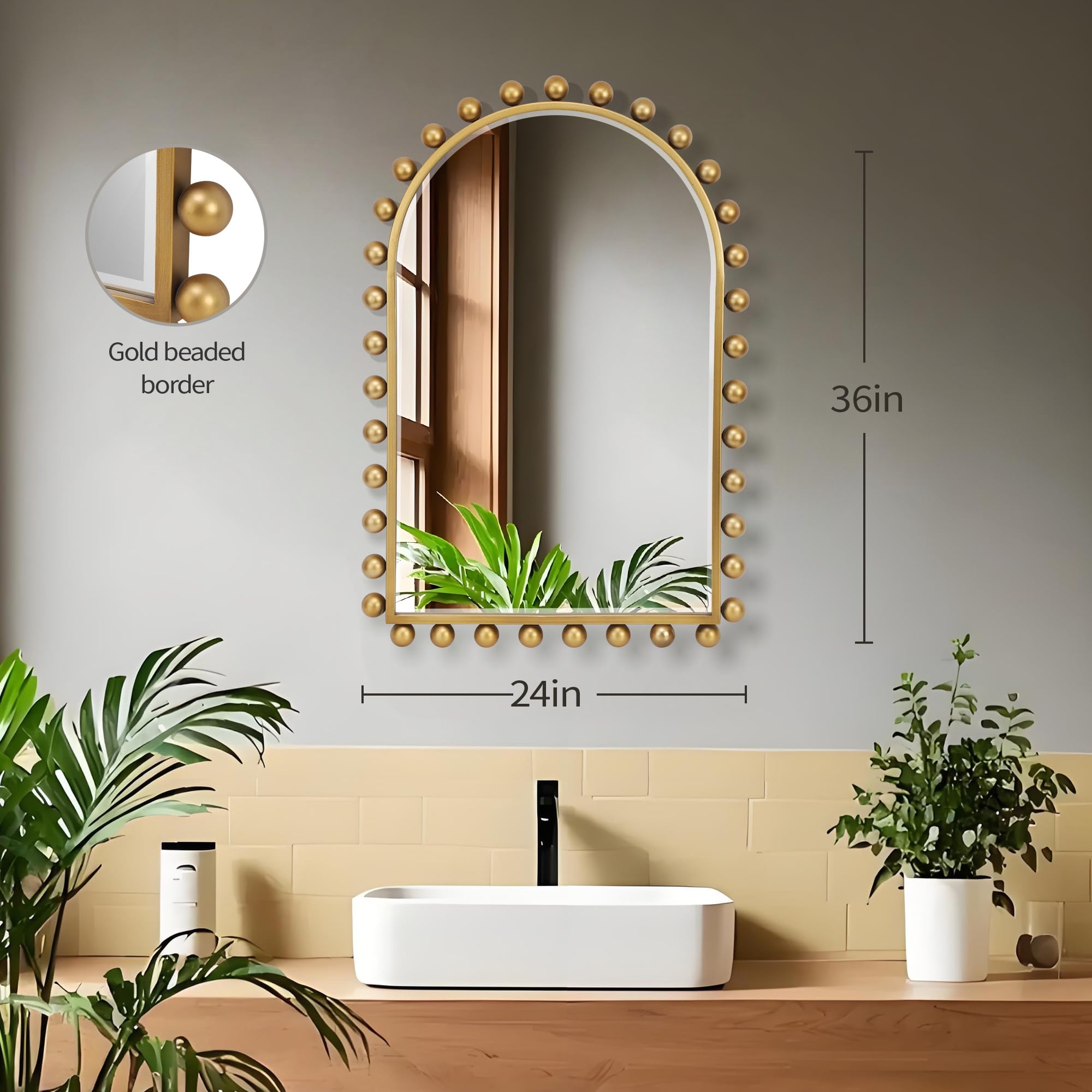 Arched Wall Mirror 24x36 Inch Antique Gold Ball Frame