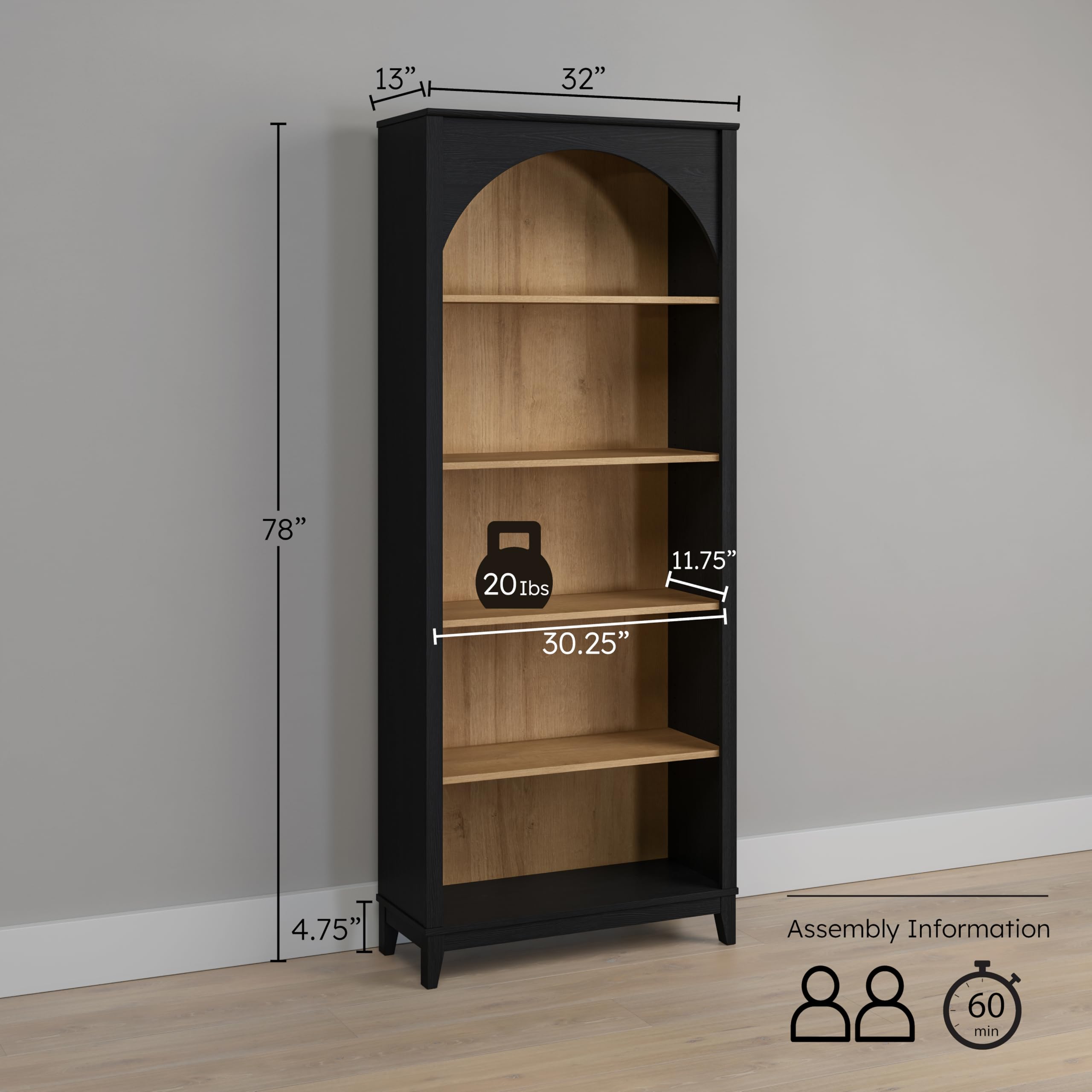 Arched Bookcase 78" Tall 5-Tier with Adjustable Shelves