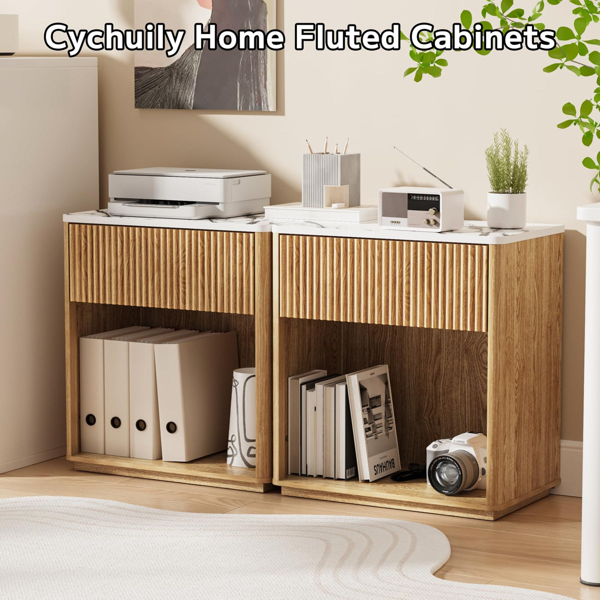 Modern Fluted Nightstand Set of 2 with Drawer and Open Shelf