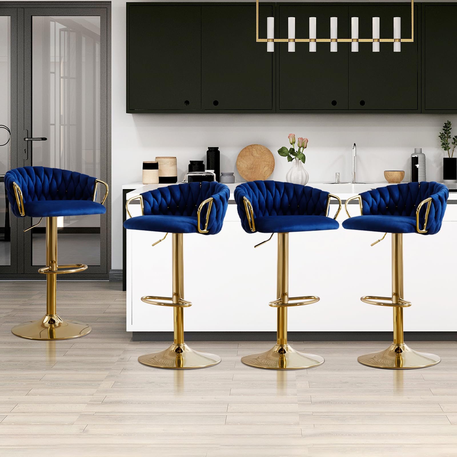 Velvet Bar Stools Set of 2 with Woven Back