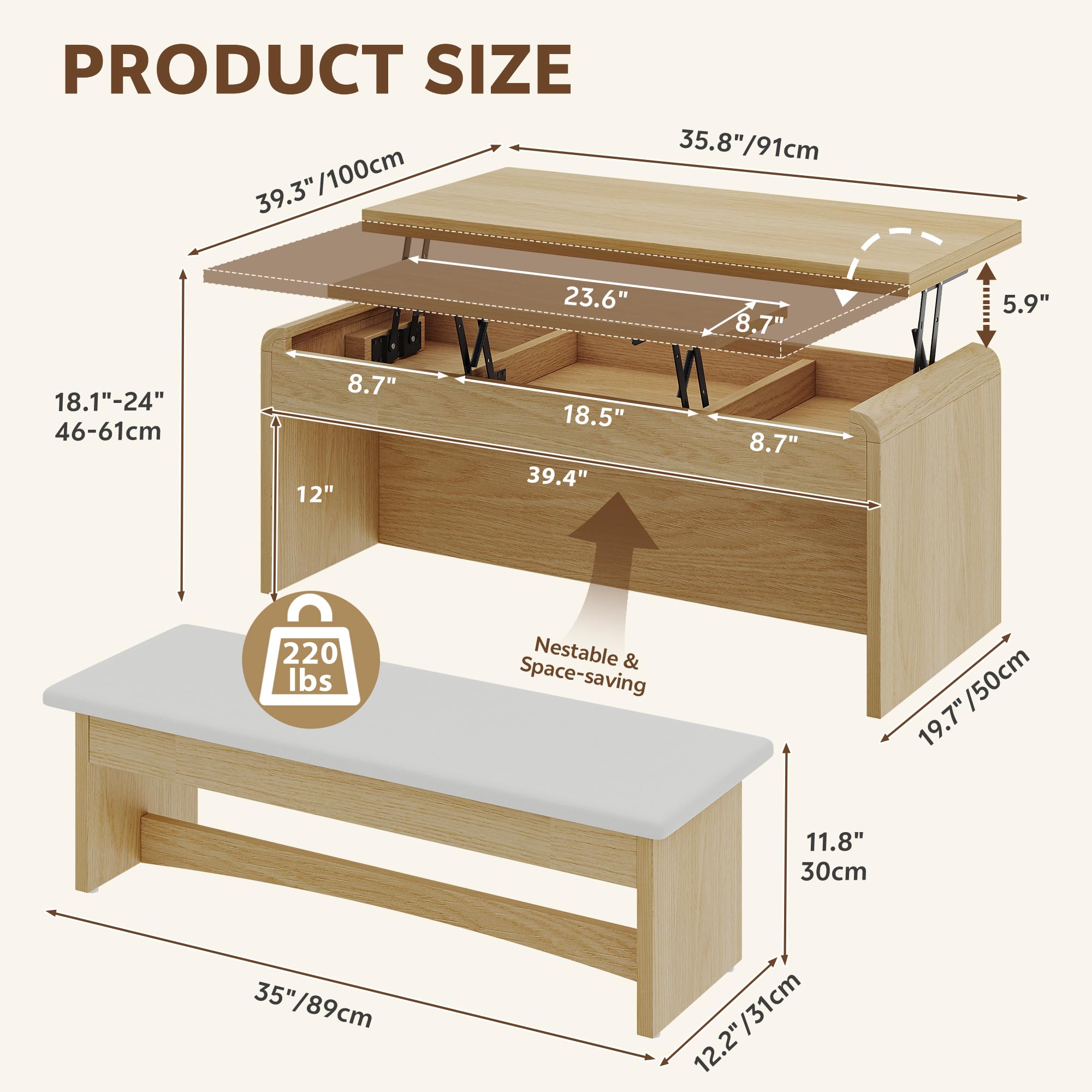 Lift Top Coffee Table with Bench and Hidden Storage