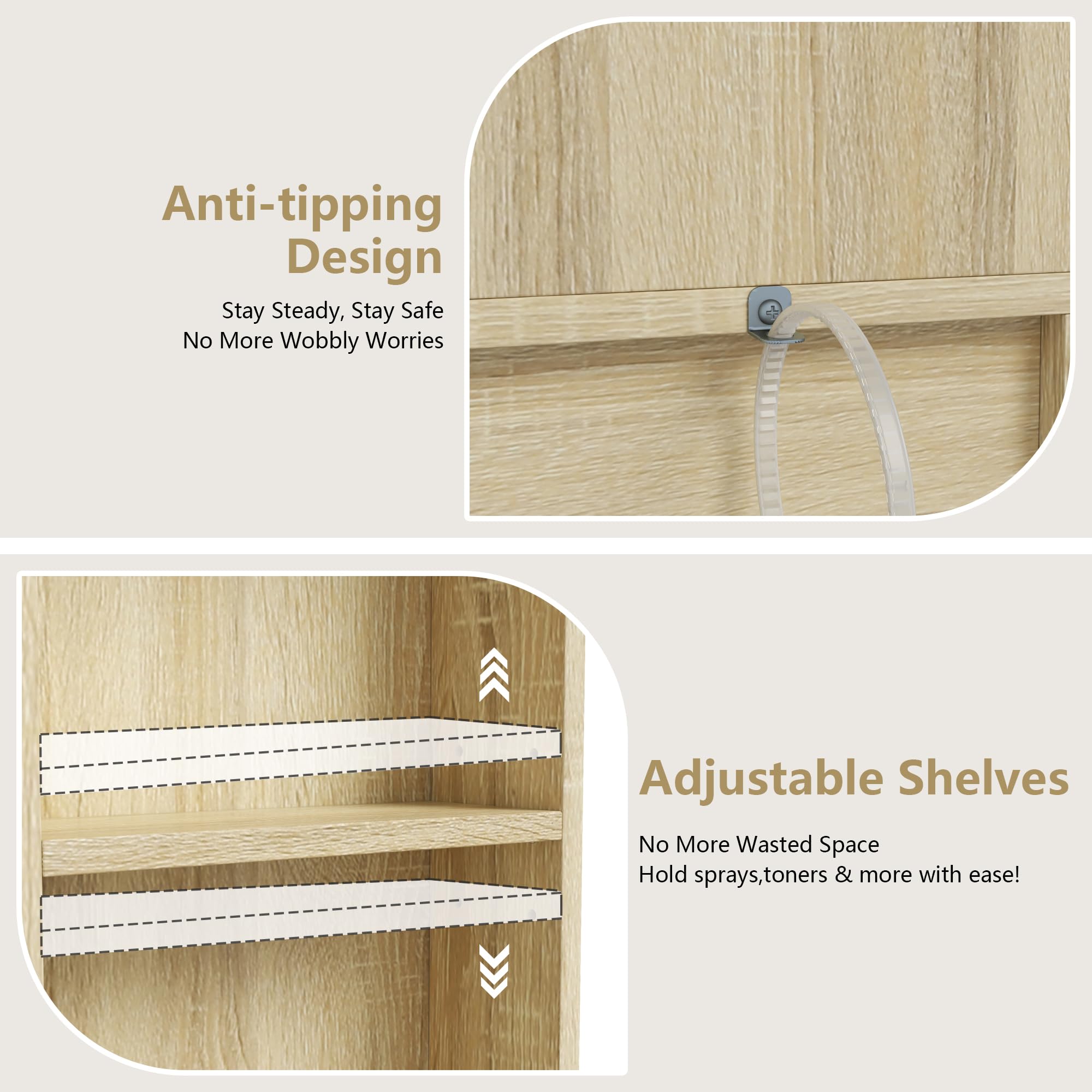 Fluted Vanity Desk with LED Mirror and Storage Stool