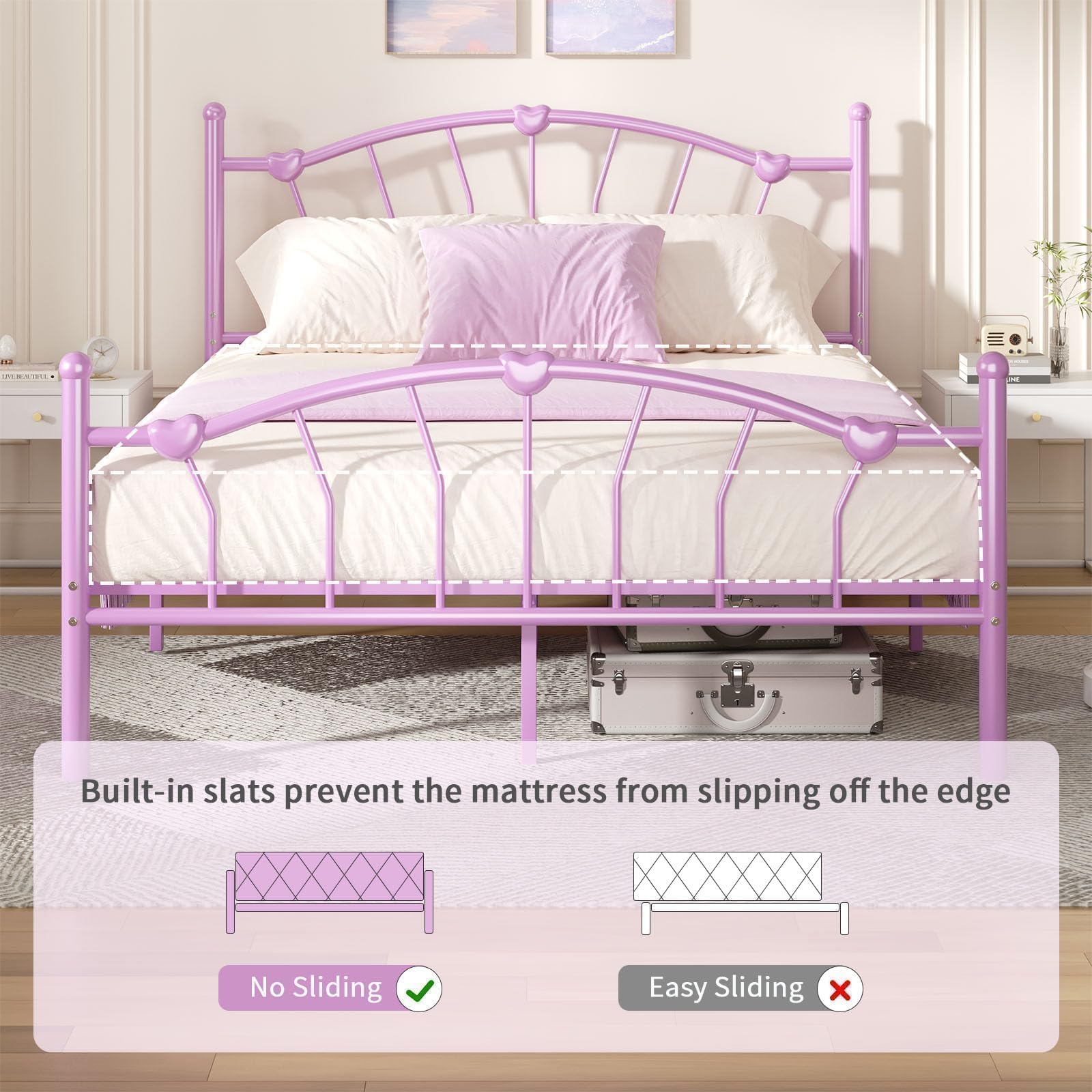 Queen Metal Bed Frame with Heart-Shaped Headboard