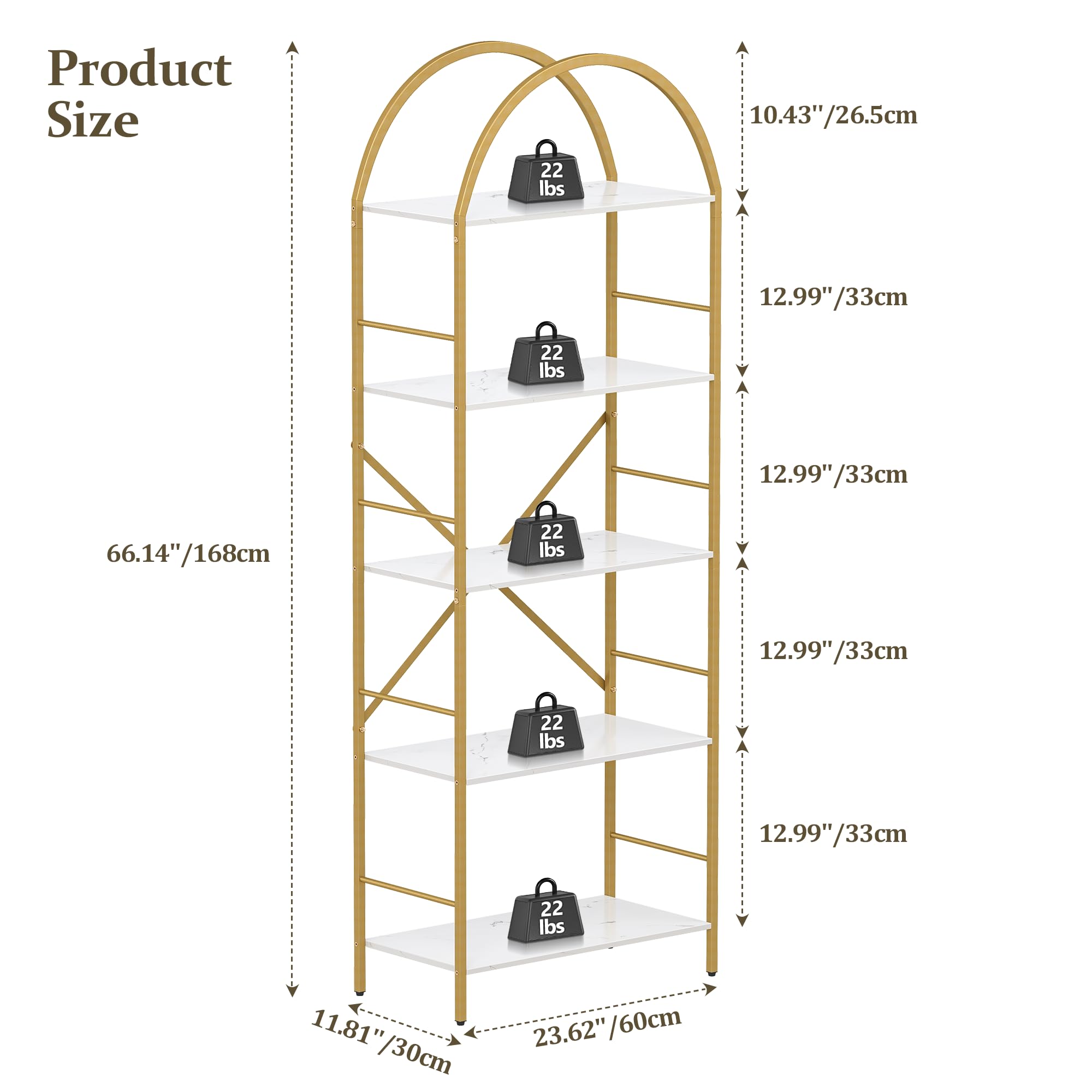 5 Tier Arched Bookshelf Gold and White