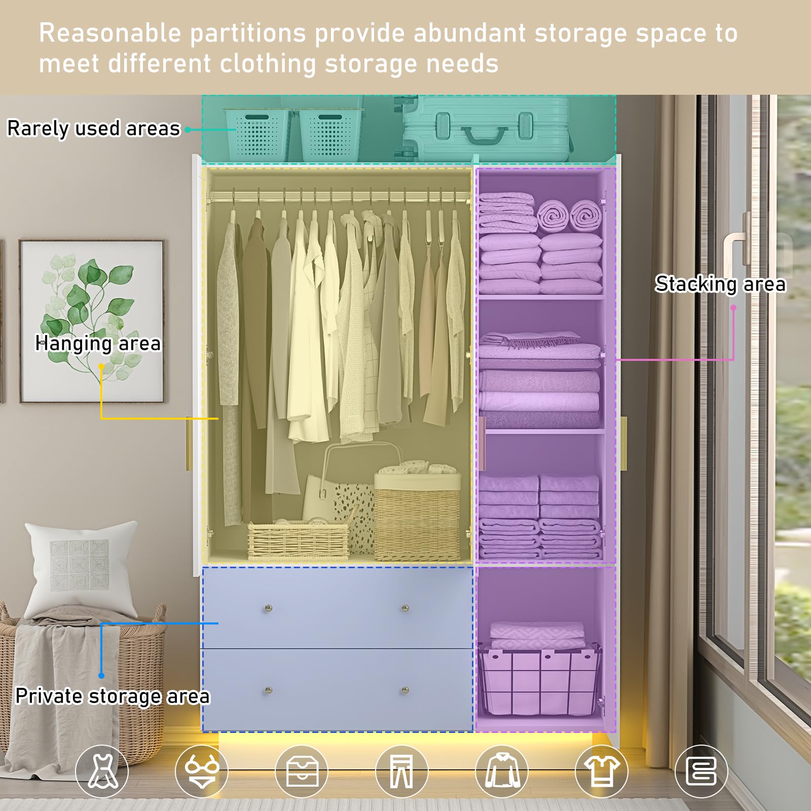 3 Door Wardrobe Closet with Mirror LED Lights Drawers Shelves